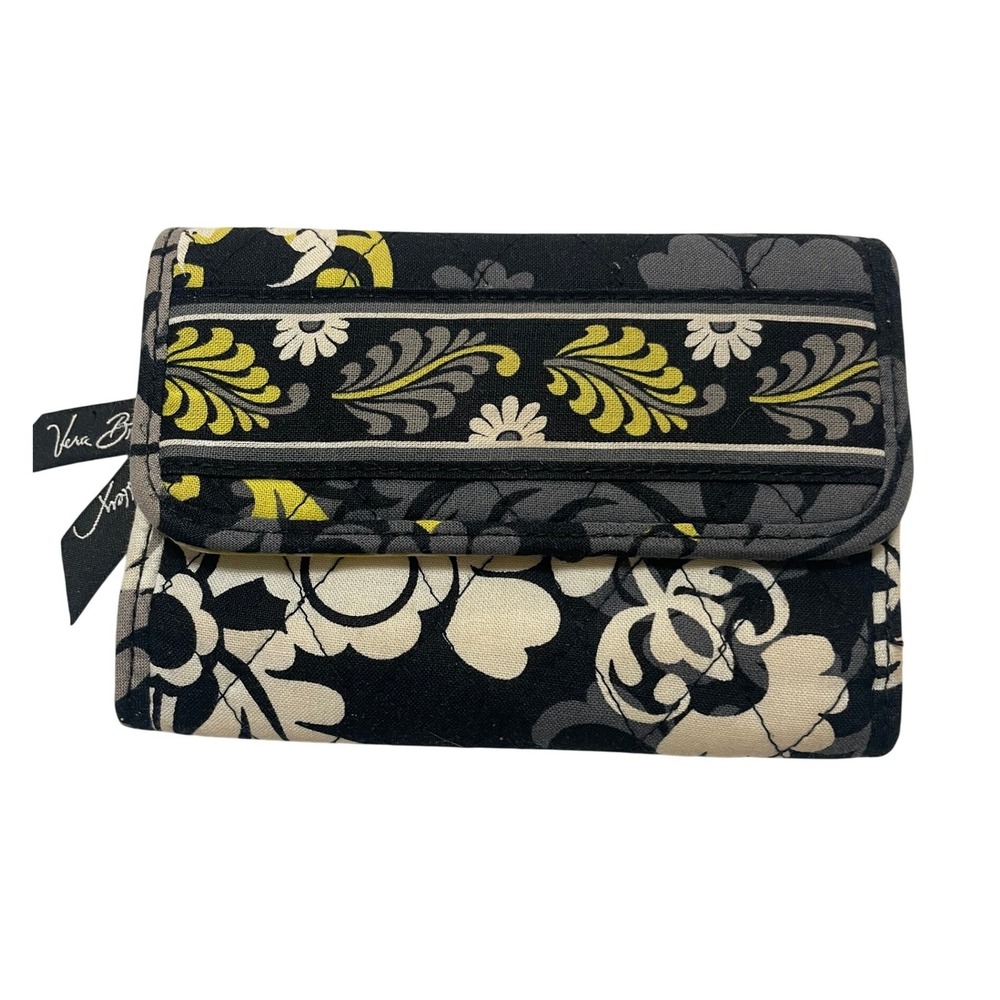 Vera Bradley Trifold Wallet Floral Pattern Black Yellow Gray Snap Closure